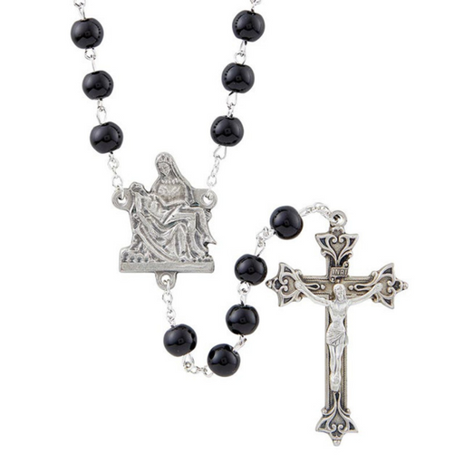 Black Glass Pearl Beads Rosary with Pieta Centerpiece - 3 Pieces Per Package