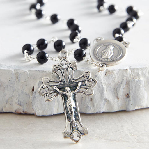 Black Onyx Men's Rosary With Miraculous Medal Medal Center