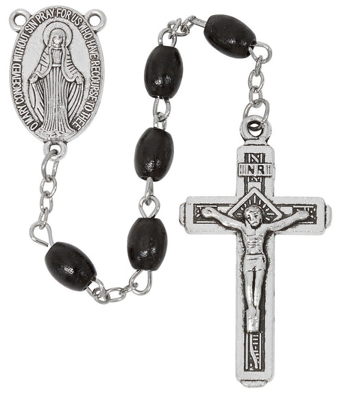 Black Wood Beads With Silver Ox Crucifix and Center Rosary