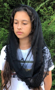 Black Infinity Church Veil – 22” x 18” Soft Lace & Embroidered Catholic Head Covering