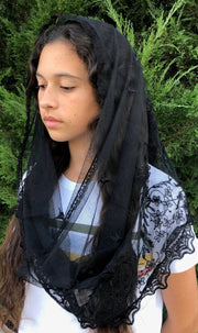 Black Infinity Church Veil – 22” x 18” Soft Lace & Embroidered Catholic Head Covering