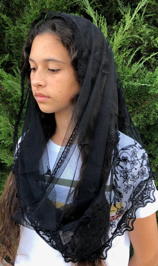 Black Infinity Church Veil – 22” x 18” Soft Lace & Embroidered Catholic Head Covering