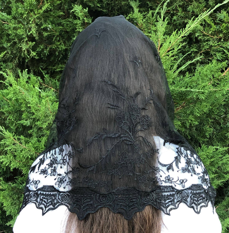 Black Infinity Church Veil – 22” x 18” Soft Lace & Embroidered Catholic Head Covering