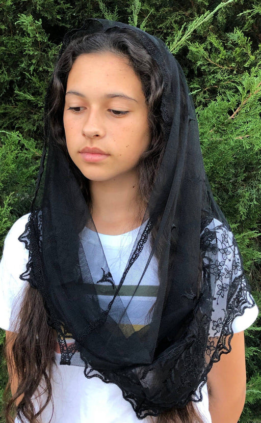 Black Infinity Church Veil – 22” x 18” Soft Lace & Embroidered Catholic Head Covering