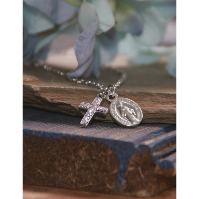 Blessed Virgin Mary Medal & Swarovski Cross Necklace