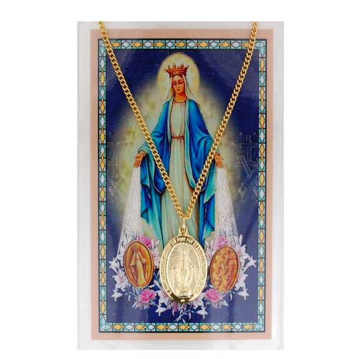 Blessed Virgin Mary - Miraculous Medal with 18" Chain and Laminated Holy Card Set