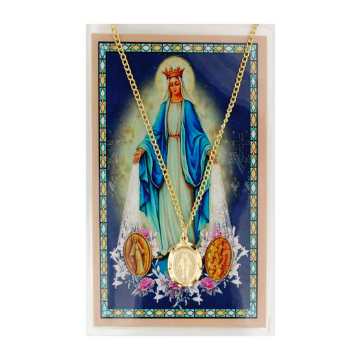 Blessed Virgin Mary - Miraculous Medal with 18" Chain and Laminated Holy Card Set