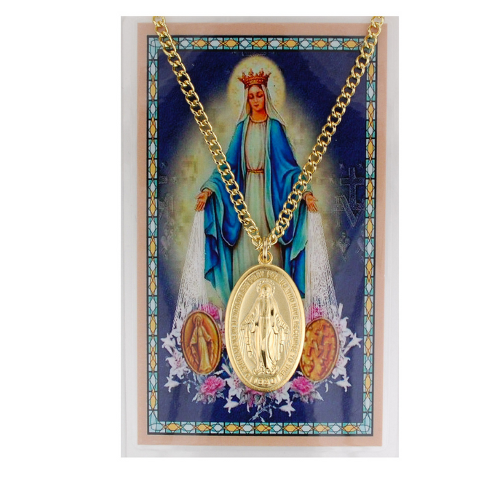Blessed Virgin Mary - Miraculous Medal with 24" Chain and Laminated Holy Card Set