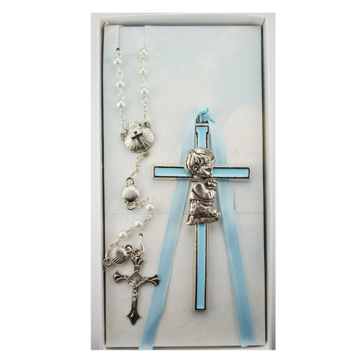 Blue Boy's Cross and Shell Rosary Set