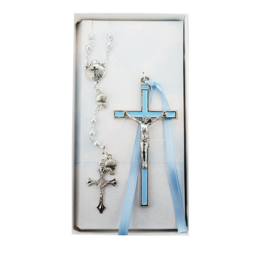 Blue Boy's Crucifix and Shell Rosary Set baptismal gift nursery decor baby shower gift ideas