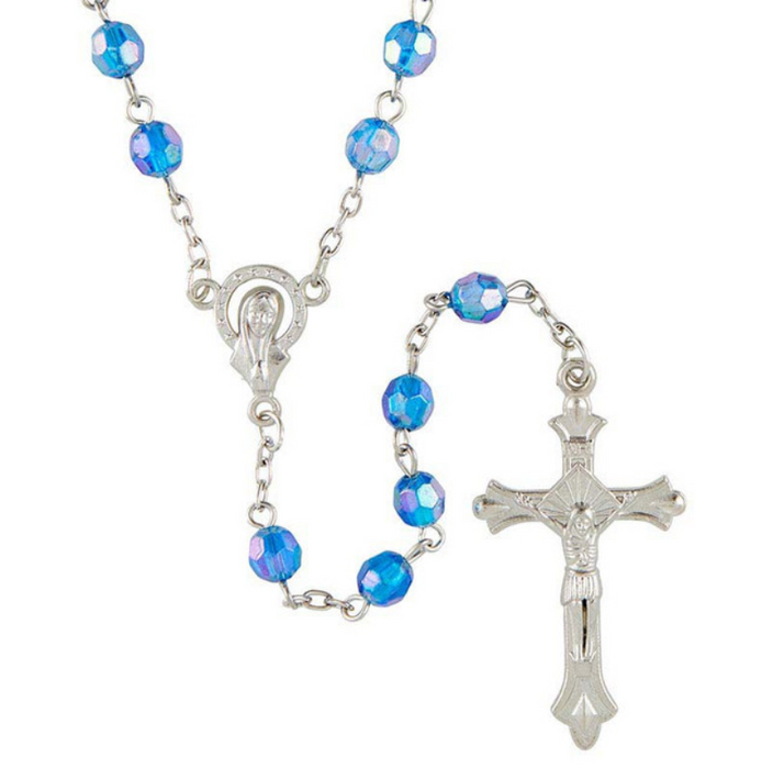 Blue Crystal Acrylic Bead Rosary with Madonna Centerpiece - 12 Pieces Per Package