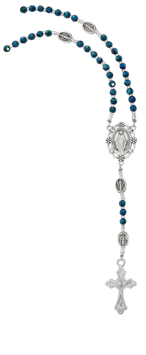 Blue Crystal Miraculous Medal Rosary Necklace