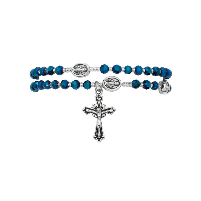 Blue Crystal Rosary Twistable Rosary Bracelet Necklace Dove Holy Spirit Crucifix Silver Jesus Christ Catholic Gift