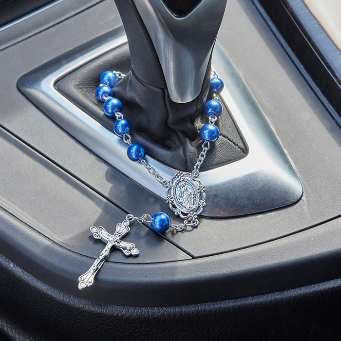 Blue Glass Pearl Auto Rosary