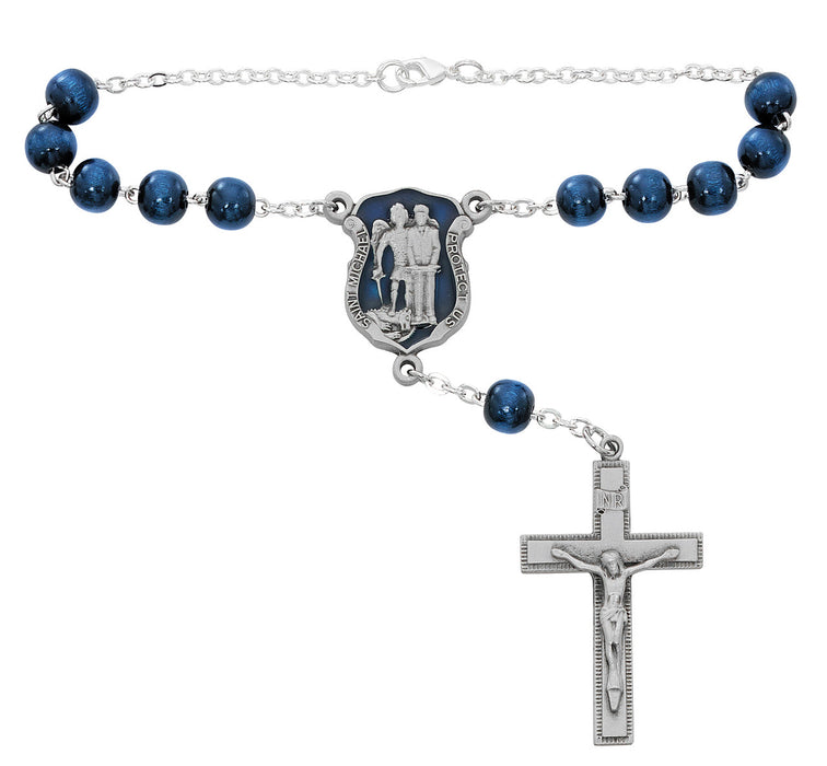 Blue Holy Medal with Holy Card, Auto Rosary and Blue Rosary - St. Michael Father's Day Gift Set