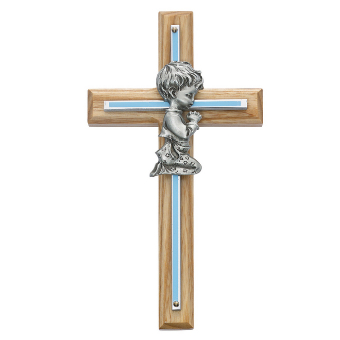 Blue Pewter Praying Boy with 7" Aluminum and Oak Cross and Gift Box