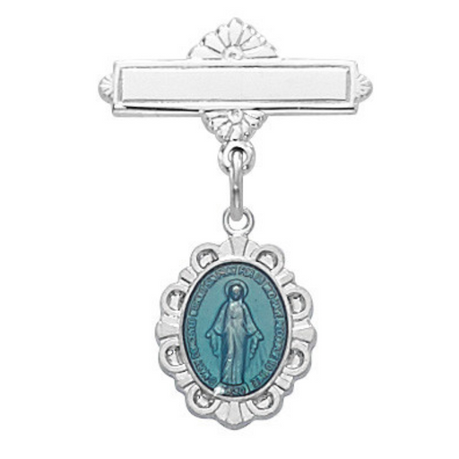 Blue Sterling Miraculous Medal Rf Baby Bar Pin With Clear Gift Box