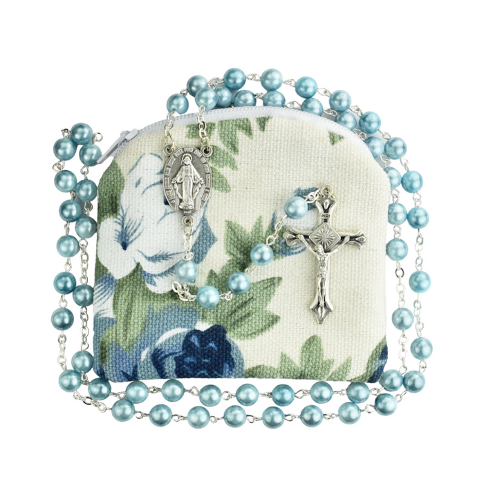 Rosario en forma de remolino azul con bolsa para rosario floral azul