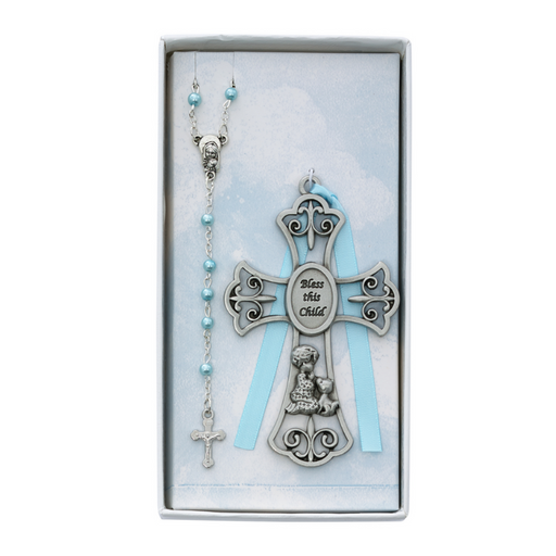 Boy's Pewter Cross and Pearl Rosary Set