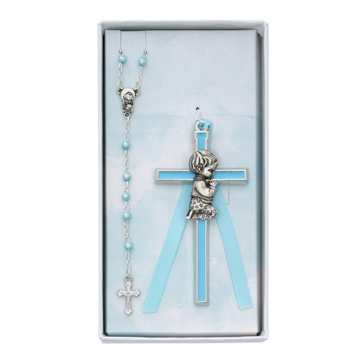 Rhodium Boy Cross and Rosary Set - Blue Rhodium Boy Cross and Rosary Set Baby Gifts Baptism Gifts