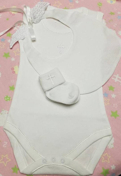 Boy's Christening Set with Wings – Bodysuit, Handmade Linen Angel Wing Bib & Cross-Embroidered Socks (Newborn to 18 Months)