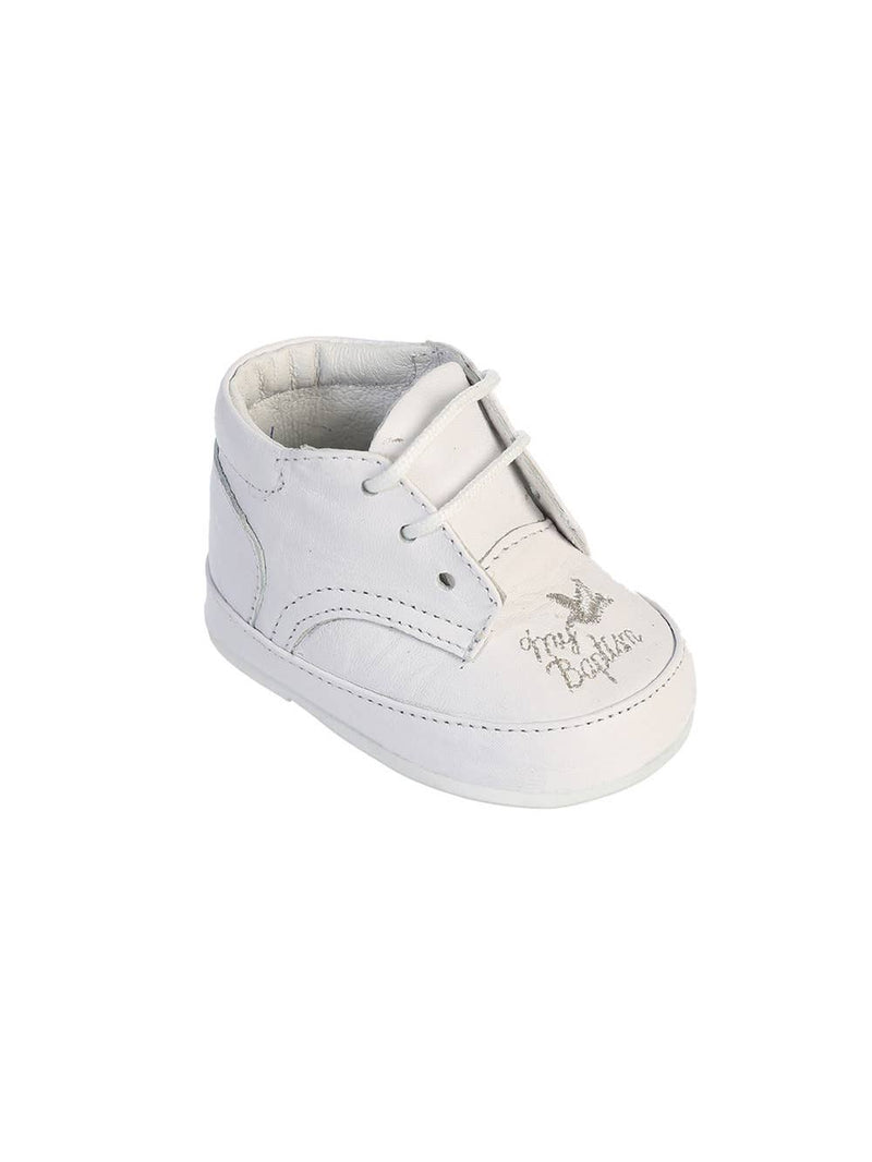 Boy’s My Baptism Embroidered Leather Shoes – White Christening Shoes with Rubber Sole