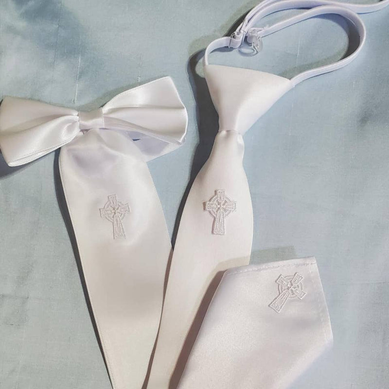 Boy's Satin Tie, Armband & Pocket Square Set with Celtic Cross – First Communion Accessory Set (Pre-Tied Tie, Adjustable Strap)
