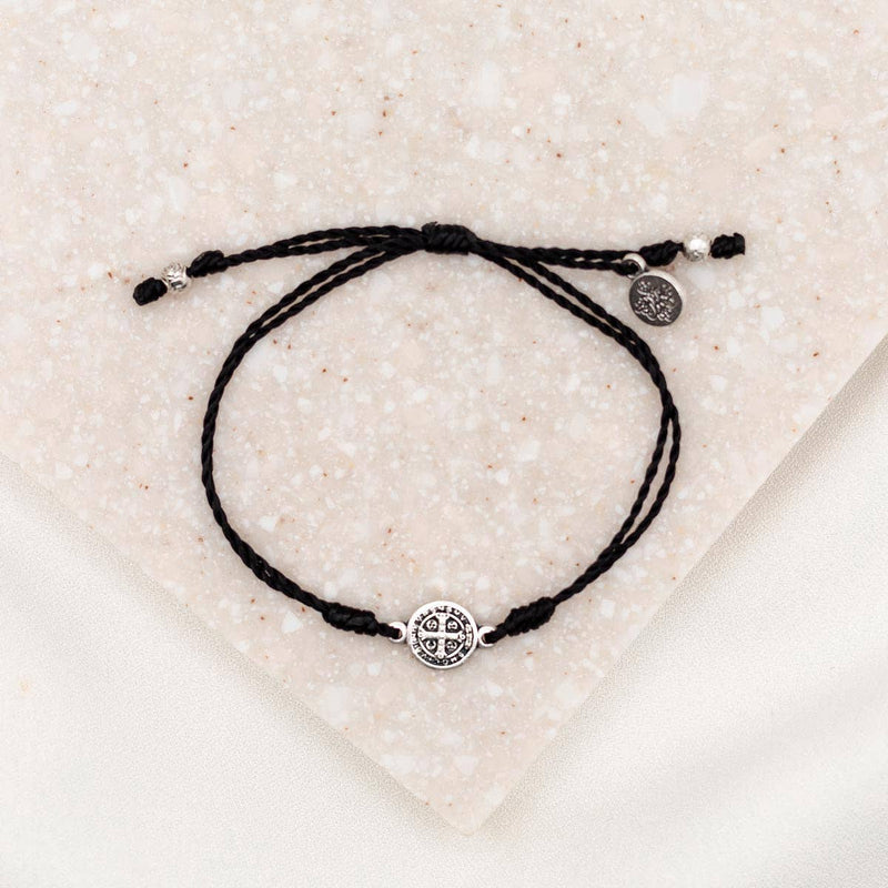 Breathe Blessing Bracelet – Black/Silver Adjustable Cord with Benedictine Medal