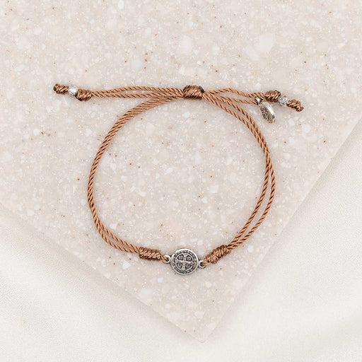 Breathe Blessing Bracelet – Taupe & Silver | Handwoven with Benedictine Medal
