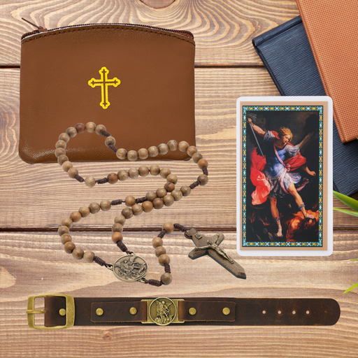 Brown Beads Sword Rosary, Leather Bracelet and Leather Rosary Case- St. Michael Father's Day Gift Set