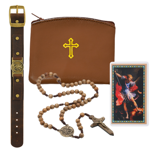 Brown Beads Sword Rosary, Leather Bracelet and Leather Rosary Case- St. Michael Father's Day Gift Set
