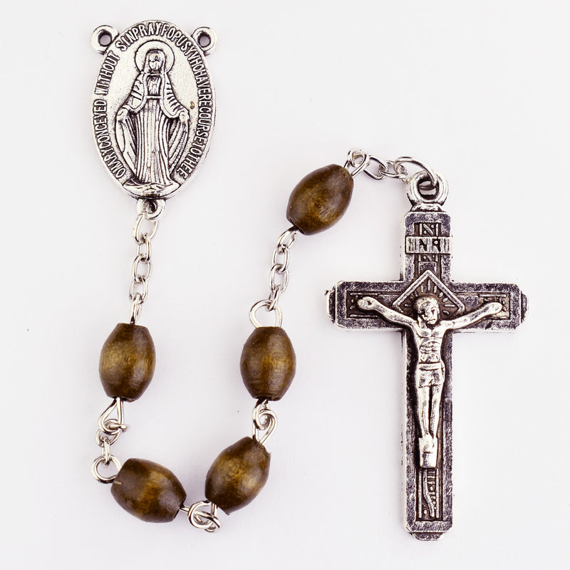 Brown Wood Beads With Silver Ox Crucifix and Center