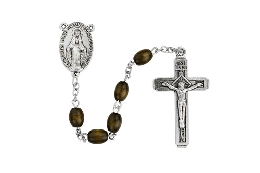 Brown Wood Beads With Silver Oxidized Crucifix and Center Rosary