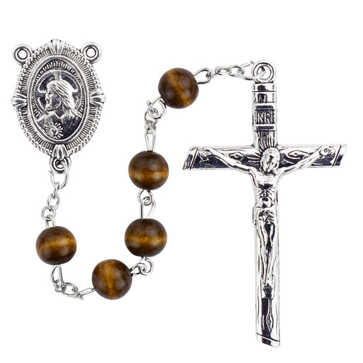 Brown Wood Beads With Silver Oxidized Crucifix and Center Sacred Heart Rosary