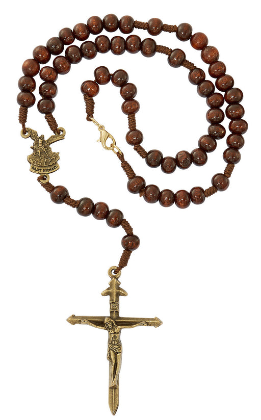 Brown Wood St. Michael Rosary Necklace