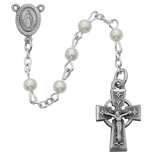 Celtic Crucifix and Miraculous Medal Center w/ 5mm Pearl Rosary