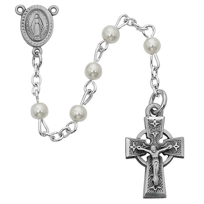 Celtic Crucifix and Miraculous Medal Center w/ 5mm Pearl Rosary