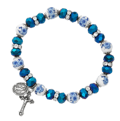 Ceramic Blue Metallic and Flower Beads Miraculous Medal Bracelet