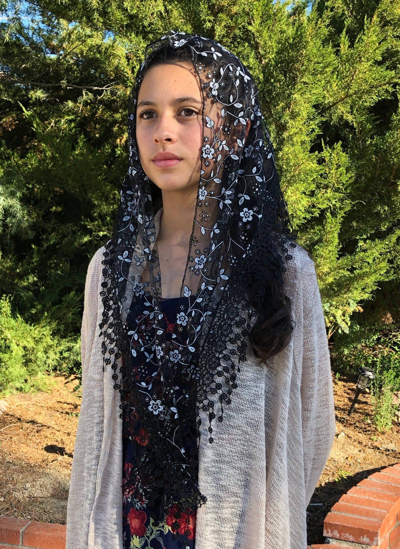 Cherry Blossom Church Veil – Black Lace Mantilla with Glitter Detail (48″ x 13″) – Soft Starter Veil for Mass & Prayer