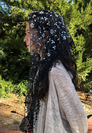 Cherry Blossom Church Veil – Black Lace Mantilla with Glitter Detail (48″ x 13″) – Soft Starter Veil for Mass & Prayer