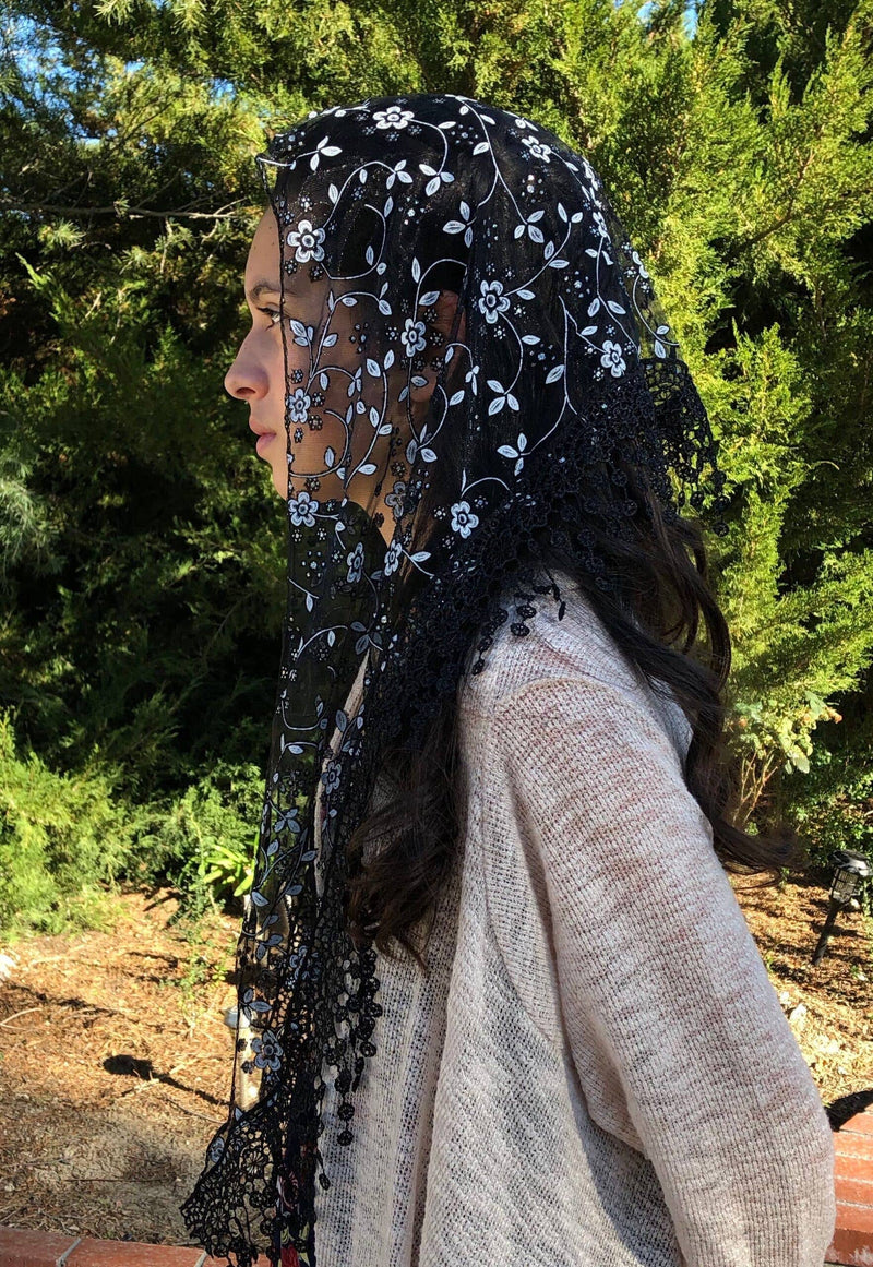 Cherry Blossom Church Veil – Black Lace Mantilla with Glitter Detail (48″ x 13″) – Soft Starter Veil for Mass & Prayer