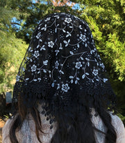 Cherry Blossom Church Veil – Black Lace Mantilla with Glitter Detail (48″ x 13″) – Soft Starter Veil for Mass & Prayer