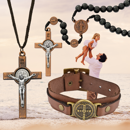 Copper Crucifix Necklace, 7mm Black Rosary And Brown Leather Adjustable - St. Benedict Father's Day Gift Set