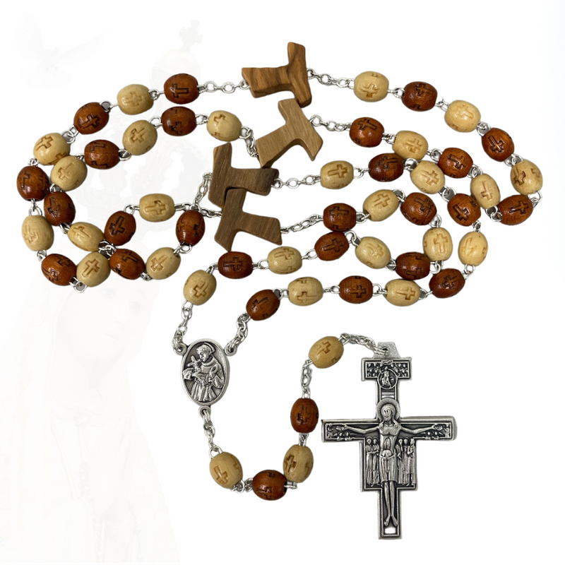 St. Francis of Assisi Olive Wood Tau Rosary w/ Deluxe Gift Box