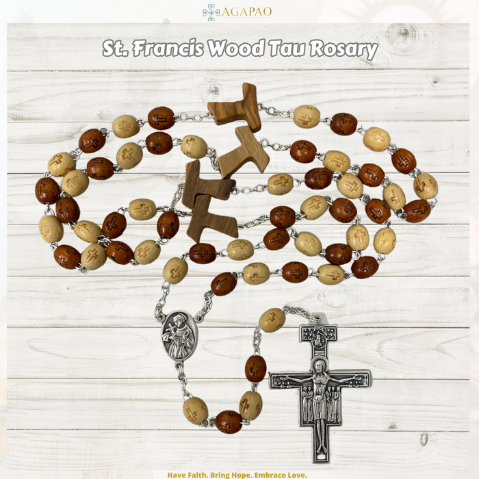 St. Francis of Assisi Olive Wood Tau Rosary w/ Deluxe Gift Box