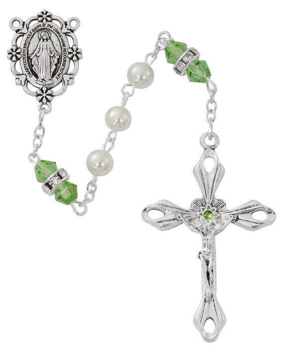 Cross Necklace, Pearl Rosary Bracelet And Pearl Rosary - August Birthstone Peridot Gift Set