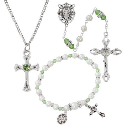 Cross Necklace, Pearl Rosary Bracelet And Pearl Rosary - August Birthstone Peridot Gift Set