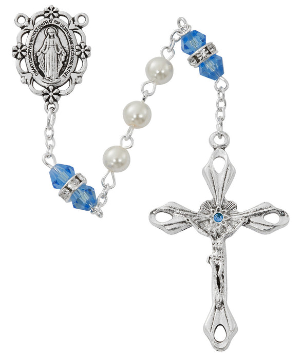 Collar con cruz, pulsera de rosario de perlas y rosario de perlas - Set de regalo con circonitas y piedra natal de diciembre