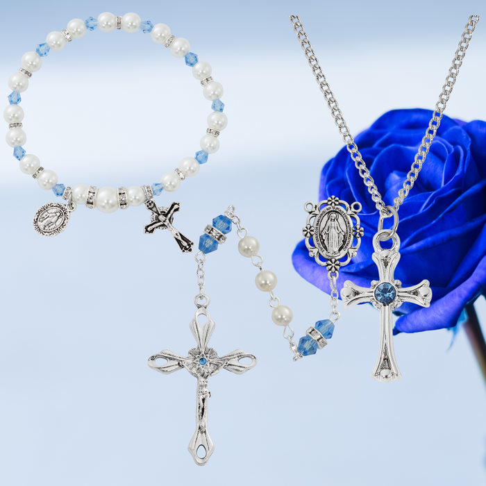 Collar con cruz, pulsera de rosario de perlas y rosario de perlas - Set de regalo con circonitas y piedra natal de diciembre