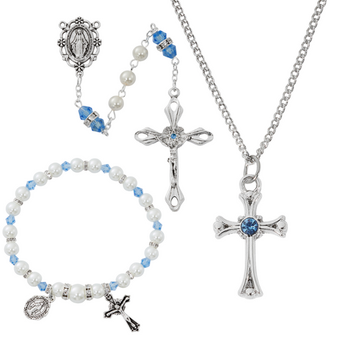 Cross Necklace, Pearl Rosary Bracelet And Pearl Rosary - December Birthstone Zircon Gift Set